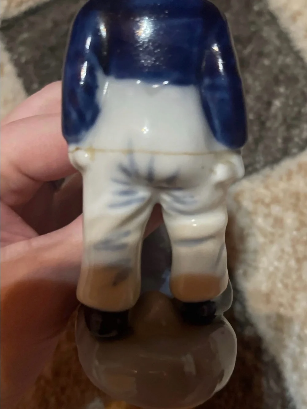 Vintage Blue and White Porcelain Fisherman Wheelbarrow Figurine